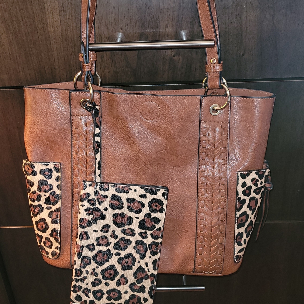 Brown Faux Leather Tote with Leopard Accent Pouch